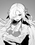  1girl crossed_arms dress flower glaring gradient_dress greyscale hair_floating_upwards hair_flower hair_ornament hair_over_one_eye highres isekai_joucho juliet_sleeves kamitsubaki_studio long_hair long_sleeves looking_at_viewer miyota monochrome multicolored_hair one_eye_covered open_mouth pose_imitation puffy_sleeves short_dress shrug_(clothing) solo streaked_hair tengen_toppa_gurren_lagann turtleneck upper_body v-shaped_eyebrows very_long_hair virtual_youtuber 