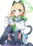  1girl absurdres animal_ear_headphones animal_ears black_thighhighs blonde_hair blue_archive blue_necktie blush cat_ear_headphones chestnut_mouth fake_animal_ears fake_tail green_eyes green_halo halo headphones highres hood hooded_jacket jacket midori_(blue_archive) necktie no_shoes suta0822 tail thighhighs 