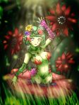  1girl absurdres alraune arm_up armpits blurry breasts cleavage collarbone colored_skin commentary_request depth_of_field flower forest_(simise) green_hair green_skin grey_eyes hair_between_eyes hair_flower hair_ornament highres in_water looking_at_viewer monster_girl navel original outdoors plant_girl pointy_ears short_hair sidelocks solo stomach veins waving 