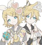  0211nami 1boy 1girl blonde_hair blue_eyes bow detached_sleeves gift hair_bow headset holding holding_gift kagamine_len kagamine_rin looking_at_viewer open_mouth sailor_collar smile treble_clef vocaloid white_bow 