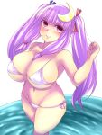  1girl bikini blunt_bangs blush breasts cleavage closed_mouth curvy groin haseru_(ginku_mh) highres huge_breasts looking_at_viewer navel patchouli_knowledge purple_hair sidelocks simple_background smile solo swimsuit touhou twintails wading white_background white_bikini 