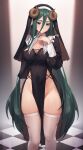  1girl aqua_eyes artist_name breasts checkered_floor commentary curled_horns dark_green_hair english_commentary frown green_hair habit hair_between_eyes hand_on_own_chest highres horizontal_pupils horns iwbitu large_breasts long_hair long_sleeves looking_at_viewer no_panties nun original paid_reward_available pelvic_curtain puffy_long_sleeves puffy_sleeves sheep_horns skindentation solo thighhighs twitter_username very_long_hair white_thighhighs 