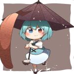  1girl :3 blue_eyes blue_hair blue_skirt blue_vest blush chibi closed_mouth commentary frilled_shirt_collar frills full_body geta heterochromia highres holding holding_umbrella kyuukei_usagi looking_at_viewer medium_hair puffy_short_sleeves puffy_sleeves rain red_eyes shirt short_sleeves simple_background skirt socks solo splashing tatara_kogasa tongue tongue_out touhou umbrella v-shaped_eyebrows vest walking water_drop white_shirt white_socks 