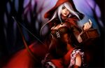  1girl alternate_costume ashe_(league_of_legends) bare_tree basket bow_(weapon) breasts cleavage come_hither commentary corset english_commentary frills garter_straps green_eyes hair_over_one_eye holding holding_bow_(weapon) holding_weapon hood hood_up ippus large_breasts league_of_legends little_red_riding_hood long_hair parted_lips photoshop_(medium) revision solo thighhighs tree weapon white_hair 