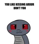  alien ambiguous_gender anthro arxur_(the_nature_of_predators) blush boy_kisser_(meme) dialogue driptacular english_text grey_body grey_scales hi_res looking_at_viewer meme meme_face pupils red_eyes reptile scales scalie simple_background slit_pupils smile smiling_at_viewer solo talking_to_viewer text the_nature_of_predators white_background 