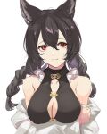  1girl animal_ears arms_under_breasts bare_shoulders black_hair black_one-piece_swimsuit braid breasts cleavage closed_mouth clothes_down granblue_fantasy hair_between_eyes highres large_breasts long_hair nier_(granblue_fantasy) nier_(lover_by_the_lily_lake)_(granblue_fantasy) nos one-piece_swimsuit red_eyes shirt solo swimsuit twin_braids upper_body white_shirt 