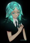  1other androgynous aqua_eyes aqua_hair aqua_nails artist_name black_background black_shirt collared_shirt colored_eyelashes crystal_hair dark gatorix gem_uniform_(houseki_no_kuni) glowing glowing_hair high_collar houseki_no_kuni light_smile lips nail_polish necktie open_hand other_focus parted_bangs phosphophyllite shirt short_hair sidelocks solo wing_collar 