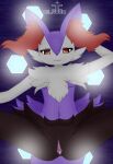  anthro black_body black_fur bodily_fluids braixen canid canine clitoris cum cum_in_pussy cum_inside female fur generation_6_pokemon genital_fluids genitals hi_res looking_at_viewer mammal navel nintendo pokemon pokemon_(species) purple_body purple_fur pussy silavos smile solo spread_legs spreading text watermark white_body white_fur 