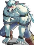  abs anthro blush boots clothed clothing crouching footwear fur grey_body grey_fur hair jumpsuit leather_strap male muscular muscular_arms muscular_male nipples no_underwear pecs pretty_cure solo thong underwear unzipped_jumpsuit white_hair wolfmanwilk wolfrun zipper_down 