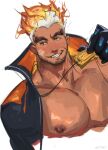  1boy absurdres bandaid bandaid_on_cheek bandaid_on_face bara bare_pectorals beard_stubble blush come_hither cropped_torso dark-skinned_male dark_skin dichuan_(arriverw) dog_tags highres jacket large_pectorals looking_to_the_side male_focus multicolored_clothes multicolored_hair multicolored_jacket muscular muscular_male open_jumpsuit orange_hair orange_jacket pectorals scar scar_on_cheek scar_on_face scar_on_forehead seductive_smile short_hair smile solo thick_eyebrows tokyo_afterschool_summoners two-tone_jacket ulaanbaatar_(housamo) 