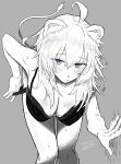  1girl absurdres ahoge animal_ears bent_over black_bra black_panties bra chinokuda grey_background greyscale hair_between_eyes highres hololive leaning_forward lion_ears lion_girl lion_tail looking_at_viewer monochrome panties panty_pull purple_eyes shishiro_botan simple_background solo spot_color sweat tail underwear underwear_only undressing virtual_youtuber white_hair 