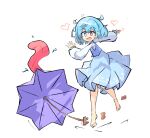  1girl barefoot blue_dress blue_eyes blue_hair blue_sweater_vest dress heart heterochromia light_blush long_sleeves open_mouth primsla red_eyes simple_background smile solo sweater_vest tatara_kogasa tongue tongue_out touhou umbrella water_drop white_background 