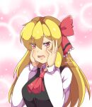  absurdres aged_up ascot black_vest blonde_hair blush breasts commission hair_between_eyes hand_on_own_cheek hand_on_own_face highres long_hair long_sleeves medium_breasts neferkitty ofuda pink_background red_ascot red_eyes ribbon rumia shirt slit_pupils touhou vest white_shirt 