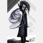  absurd_res anatid anseriform anserinae anthro avian bird black_clothing black_face black_hair boots clothing coat feathers felix_lundqvist footwear hair hi_res long_hair makaronnie male mute_swan necktie signature simple_background solo standing swan topwear trenchcoat white_body white_feathers wings 