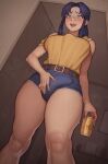  1girl asura_(asurauser) beer_can belt brown_belt bulge can denim denim_shorts feet_out_of_frame fingernails foreskin from_below futanari heart heart-shaped_pupils highres holding holding_can indoors katsuragi_misato long_fingernails long_hair neon_genesis_evangelion non-web_source open_mouth purple_hair shirt short_shorts shorts solo standing symbol-shaped_pupils teeth upper_teeth_only yellow_shirt 