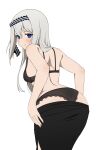  1girl absurdres bare_shoulders black_hairband blue_eyes blush bra breasts clothes_pull coro_fae grey_hair hairband highres kaguya-sama_wa_kokurasetai_~tensai-tachi_no_renai_zunousen~ lace-trimmed_panties lace_trim long_hair looking_at_viewer looking_back medium_breasts panties pencil_skirt shirogane_kei skirt skirt_pull solo underwear white_background 