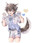  &lt;3 absurd_res ambiguous_gender animal_humanoid bangs blue_eyes blush bottomwear brown_hair brown_tail canid canid_humanoid canine canine_humanoid clothed clothing collar dress_shirt fangs fingerless_gloves fully_clothed garu_(nu:_carnival) gloves hair handwear hi_res humanoid inner_ear_fluff jacket mammal mammal_humanoid nu:_carnival open_mouth open_smile pixiv_id_14301937 pose prick_ears shirt shorts smile solo spiked_collar spikes tail tan_body tan_skin teeth topwear tuft wolf_humanoid young 