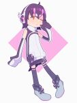  1girl black_hair boots elbow_gloves full_body gloves hauru_252 headphones highres hood hoodie humboldt_penguin_(kemono_friends) kemono_friends kemono_friends_v_project kneehighs microphone multicolored_hair one_eye_closed penguin_girl penguin_tail purple_background purple_hair short_hair simple_background skirt sleeveless socks solo tail two-tone_hair virtual_youtuber 