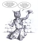  0laffson amputee anthro begging biped clothed clothing disability english_text felid feline fingers fur hi_res holding_object kneeling lynx male mammal monochrome solo speech_bubble tail text 
