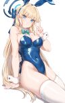  1girl animal_ears aqua_bow aqua_bowtie bare_arms bare_shoulders blonde_hair blue_archive blue_eyes blue_hairband blue_leotard blush bow bowtie breasts cleavage covered_navel detached_collar ear_piercing fake_animal_ears fangxiang_cuoluan hair_ornament hairband halo hand_up highleg highleg_leotard highres large_breasts leotard long_hair looking_at_viewer piercing playboy_bunny rabbit_ears simple_background sitting solo thighhighs thighs toki_(blue_archive) toki_(bunny)_(blue_archive) v white_background white_thighhighs wrist_cuffs 