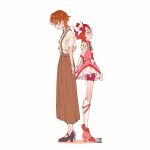 2girls aged_up artist_logo bike_shorts bike_shorts_under_skirt boots brooch brown_eyes brown_hair butterfly_brooch commentary_request cure_rouge dual_persona earrings eyelashes hair_ornament high_heel_boots high_heels highres jewelry kibou_no_chikara_~otona_precure_&#039;23~ looking_to_the_side magical_girl multiple_girls natsuki_rin precure red_eyes red_hair red_vest sad short_hair shorts shorts_under_skirt signature simple_background skirt spiked_hair standing tete_a vest white_background wrist_cuffs yes!_precure_5 
