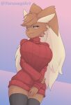  anthro big_breasts big_ears breasts brown_body brown_fur clothed clothing eyewear female fully_clothed fur generation_4_pokemon glasses lagomorph legwear long_ears long_sleeves looking_at_viewer lopunny mammal nintendo pokemon pokemon_(species) smile solo stockings sweater thigh_highs topwear turtleneck yorusagi 