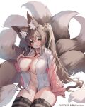  1girl animal_ear_fluff animal_ears breasts brown_hair brown_thighhighs cardigan cleavage collared_shirt commission dress_shirt fox_ears fox_girl fox_tail green_eyes highres kitsune large_breasts large_tail long_hair long_sleeves looking_at_viewer multiple_tails navel necktie no_bra no_panties off_shoulder open_cardigan open_clothes open_mouth open_shirt original pink_cardigan plushmallow ponytail shiro_albino shirt sitting smile solo stomach striped striped_thighhighs tail thick_thighs thighhighs thighs very_long_hair white_shirt 
