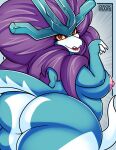  2023 absurd_res ancient_pokemon anthro areola artist_name big_butt blue_body blue_border blue_fur border breasts butt claws countershade_butt countershade_fur countershade_tail countershading drokmars eye_markings eyelashes female finger_claws fur generation_9_pokemon hi_res looking_at_viewer looking_back looking_back_at_viewer mane markings nintendo nipples nude open_mouth outside_border paradox_pokemon pink_areola pink_nipples pokemon pokemon_(species) purple_body purple_fur red_body red_eyes red_markings sharp_teeth side_boob side_view slightly_chubby solo tail teeth thick_thighs walking_wake white_body white_fur yellow_sclera 