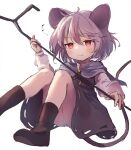  1girl animal_ears ar_(maeus) ass black_dress black_footwear blue_capelet blush boots capelet closed_mouth dowsing_rod dress eighth_note grey_hair hair_between_eyes long_sleeves mouse_ears mouse_tail musical_note nazrin panties red_eyes short_hair simple_background solo tail touhou underwear white_background white_panties 
