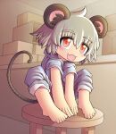  1girl alternate_costume animal_ear_fluff animal_ears blush box cardboard_box commentary_request cookie_(touhou) counter drddrddo full_body grey_hair grey_jumpsuit hair_between_eyes highres indoors jumpsuit long_bangs looking_at_viewer mouse_ears mouse_girl mouse_tail nazrin nyon_(cookie) open_mouth red_eyes short_hair short_sleeves sitting smile solo stool tail touhou 