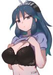  1girl aqua_hair black_bra black_hair blue_shirt bra breasts clothes_lift commentary flashing frown gradient_hair green_hair grey_eyes highres kako_(kemono_friends) kemono_friends kemono_friends_3 large_breasts lifted_by_self long_hair looking_at_viewer masuyama_ryou multicolored_hair ribbon shirt shirt_lift short_sleeves simple_background solo underwear upper_body white_background 