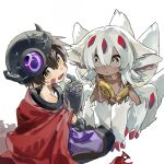 &gt;:( 1boy 1girl animal_ears body_fur bright_pupils claws cloak dark-skinned_female dark_skin extra_arms fake_horns fang faputa from_side full_body hand_up helmet highres hikimayu horned_helmet horns index_finger_raised looking_at_another looking_back made_in_abyss mechanical_arms medium_hair monster_girl multiple_horns multiple_tails open_mouth pointy_ears red_cloak red_horns regu_(made_in_abyss) scratches seeshin_see shoulder_belt simple_background sitting skin_fang sweatdrop tail torn_cloak torn_clothes v-shaped_eyebrows white_background white_fur white_hair white_pupils yellow_eyes 