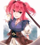  1girl aridamikannn arm_up collarbone cowboy_shot frilled_sleeves frills hair_bobbles hair_ornament head_tilt holding holding_scythe light_smile looking_at_viewer onozuka_komachi open_mouth pink_hair puffy_short_sleeves puffy_sleeves red_eyes scythe shirt short_sleeves simple_background touhou two_side_up v-shaped_eyebrows white_background white_shirt 