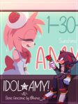  1boy 1girl amy_rose animal_ears animal_nose blush bow closed_eyes closed_mouth commentary cover cover_page dress english_commentary english_text flower furry furry_female furry_male gloves highres holding holding_flower idol idol_clothes kumo_zd red_bow red_eyes red_flower red_rose rose shadow_the_hedgehog shoes sitting smile sonic_(series) white_dress white_gloves white_headwear 