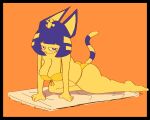  absurd_res animal_crossing ankha_(animal_crossing) anthro big_breasts big_butt blue_eyes blue_hair blue_stripes blush blush_lines breasts butt cleavage cleavage_overflow clothed clothing cupholders domestic_cat egyptian_headdress felid feline felis female fur hair hi_res looking_at_viewer mammal nintendo orange_background simple_background solo stripes swimwear thick_thighs wide_hips yellow_body yellow_clothing yellow_fur yellow_swimwear 