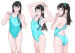  1girl absurdres alternate_costume aqua_one-piece_swimsuit arms_up ass black_hair breasts collarbone competition_swimsuit cowboy_shot flat_chest glasses green_eyes green_hairband hairband highleg highleg_swimsuit highres kantai_collection long_hair looking_at_viewer looking_back multiple_views ojipon one-piece_swimsuit ooyodo_(kancolle) own_hands_clasped own_hands_together ponytail semi-rimless_eyewear simple_background single_sidelock small_breasts swimsuit under-rim_eyewear white_background 