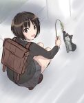  1girl :d amagami backpack bag birthday black_cardigan black_skirt bob_cut brown_bag brown_eyes brown_footwear brown_hair cardigan cat cat_teaser commentary dress_shirt from_above from_behind full_body grass grey_cat highres holding holding_grass kakki28469387 kibito_high_school_uniform loafers long_sleeves looking_at_viewer looking_back looking_up messy_hair open_mouth outdoors playing pleated_skirt road school_bag school_uniform shirt shoes short_hair sidewalk sketch skirt smile solo squatting tachibana_miya utility_pole white_cat white_shirt 