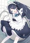  1girl absurdly_long_hair aris_(blue_archive) aris_(maid)_(blue_archive) black_hair blue_archive blue_eyes highres long_hair looking_at_viewer maid maid_headdress official_alternate_costume open_mouth pantyhose shibi short_sleeves smile solo very_long_hair white_pantyhose 