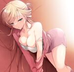  1girl araragi_ayune blonde_hair blue_eyes blush breast_press breasts camisole cleavage collarbone dutch_angle large_breasts long_hair looking_at_viewer lying off_shoulder on_floor on_side original rinna_milford solo thighs v_arms very_long_hair white_camisole 