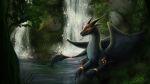 2016 ambiguous_gender black_body dated detailed_background dragon feathered_dragon feathers feral fur furred_dragon hi_res horn outside plant purple_sclera signature solo source_request tail unknown_artist water waterfall wings 