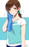  1girl alternate_hairstyle blue_pants blue_towel blush border breasts brown_eyes brown_hair collarbone dot_nose exhausted gen_(enji) green_background green_scrunchie green_shirt hair_ornament hair_scrunchie hand_up heavy_breathing highres holding holding_towel idolmaster idolmaster_cinderella_girls idolmaster_cinderella_girls_starlight_stage long_hair looking_at_viewer medium_breasts nitta_minami open_mouth outside_border pants ponytail scrunchie shirt short_sleeves sweat towel twitter_username upper_body white_border 