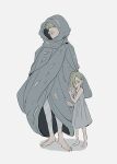  1boy 1girl asymmetrical_bangs bare_arms bare_shoulders barefoot blonde_hair body_markings character_request check_character child cloak covered_mouth dress elendira_the_crimsonail full_body grey_dress hair_behind_ear hair_over_one_eye hands_up height_difference holding_hands hood hooded_cloak looking_ahead looking_at_viewer millions_knives peekamine short_hair simple_background sleeveless sleeveless_dress spiked_hair standing sundress trigun trigun_stampede white_background 