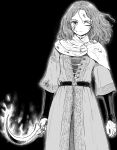  1girl black_background capelet dagger elden_ring greyscale holding holding_dagger holding_knife holding_weapon kari_(kakko_k) knife medium_hair melina_(elden_ring) monochrome one_eye_closed solo wavy_hair weapon 