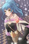  absurdres antenna_hair blue_hair breasts checkered_floor closed_mouth earrings ericchika fire_emblem fire_emblem_heroes high_ponytail highres jewelry looking_at_viewer medium_breasts reginn_(fire_emblem) smile solo yellow_eyes 