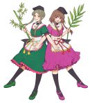  2girls :d absurdres apron bamboo black_headwear black_socks brown_hair commentary dress green_dress green_eyes green_footwear green_hair grin hat highres holding holding_plant kneehighs looking_at_viewer mary_janes multiple_girls myouga_(plant) nishida_satono open_mouth pink_dress pink_eyes pink_footwear plant puffy_short_sleeves puffy_sleeves shoes short_hair_with_long_locks short_sleeves simple_background smile socks tate_eboshi teireida_mai touhou waist_apron white_apron white_background winterleigh_art 