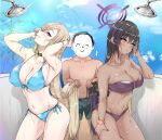  1boy 2girls aqua_bikini arona&#039;s_sensei_doodle_(blue_archive) asuna_(blue_archive) bikini black_bikini blue_archive breasts cleavage clothed_bath commentary_request halo highres karin_(blue_archive) large_breasts looking_at_viewer multiple_girls murabito_c o-ring o-ring_bikini sensei_(blue_archive) side-tie_bikini_bottom strapless strapless_bikini string_bikini swimsuit water_drop 