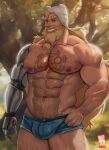  1boy abs absurdres adventure_time aged_up arm_hair bara beard blonde_hair bulge chest_hair chest_tattoo cowboy_shot doctor_anfelo facial_hair finn_the_human forest grin hairy highres huge_pectorals leg_hair long_beard looking_at_viewer male_focus mature_male mechanical_arms muscular muscular_male nature navel navel_hair nipples paid_reward_available pectorals seductive_smile short_hair single_mechanical_arm smile solo stomach strongman_waist tattoo thick_eyebrows thick_thighs thighs tied_beard topless_male 