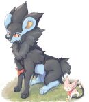  2023 absurd_res ambiguous_gender black_body black_nose cheek_tuft chromaticfox closed_smile countershade_torso countershading duo facial_markings facial_tuft feral generation_3_pokemon generation_4_pokemon green_eyes grey_body grey_markings head_markings hi_res looking_at_another luxray markings mask_(marking) mouth_closed multicolored_body neck_tuft neckerchief nintendo open_mouth pink_body playing pokemon pokemon_(species) pupils quadruped simple_background sitting skitty slit_pupils smile standing tan_body tuft two_tone_body white_background 