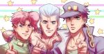  2608337875 3boys blue_eyes chain cherry_earrings earrings flattop food-themed_earrings gakuran grey_hair hat highres jean_pierre_polnareff jewelry jojo_no_kimyou_na_bouken jojo_pose kakyoin_noriaki kujo_jotaro kujo_jotaro&#039;s_pose_(jojo) multiple_boys pointing purple_eyes red_hair scar scar_across_eye school_uniform smile stardust_crusaders 