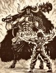  2boys 2girls abs arm_at_side arm_tattoo arms_up aura ayasa_kaguchi back beard boots bracelet cape chest_tattoo clenched_teeth club_(weapon) crossover facial_hair facing_another fur_cape grappler_baki hand_up hanma_yujiro height_difference highres holding holding_weapon horns jewelry kaidou_(one_piece) kanabou large_pectorals legs_apart long_hair male_focus medium_hair monochrome multiple_boys multiple_girls muscular muscular_male one_piece oni outstretched_arms over_shoulder pants pectorals sepia shoes shoulder_tattoo spiked_bracelet spiked_club spikes spread_arms standing stomach tattoo teeth very_long_hair weapon weapon_over_shoulder 